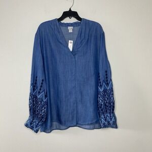 Chicos Popover Tunic Chambray Embroidered Long Sleeve Indigo Blouse 4 U.S 20/22